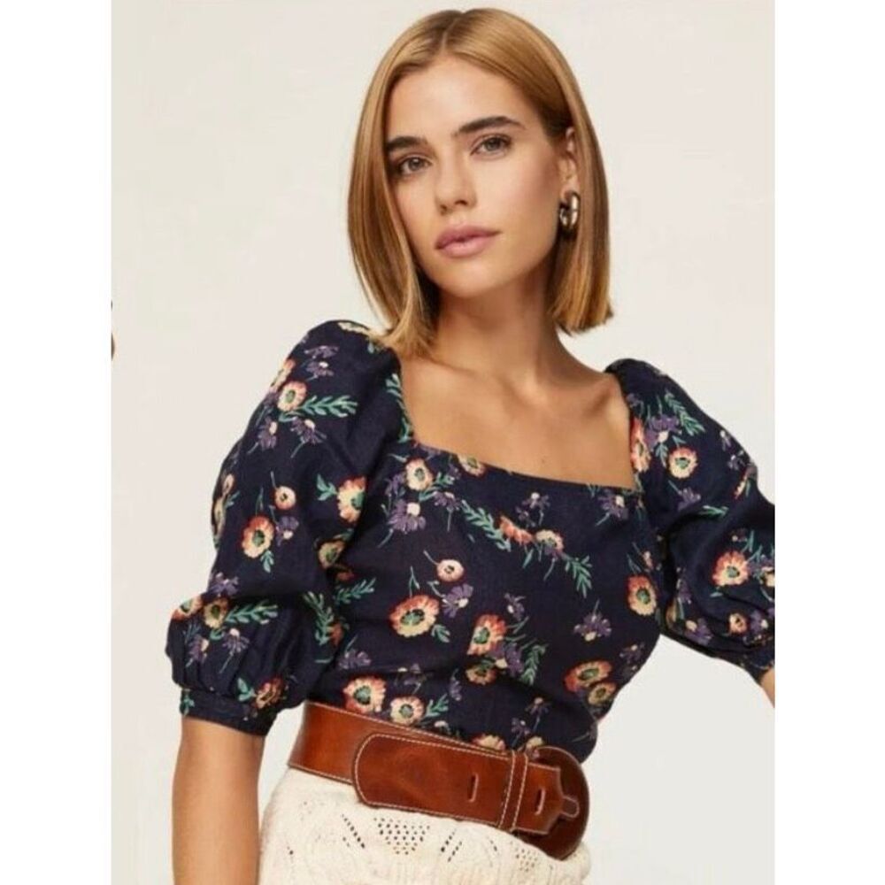 Polo Ralph Lauren Floral Linen Puff Sleeve Blouse | Navy | Size 12